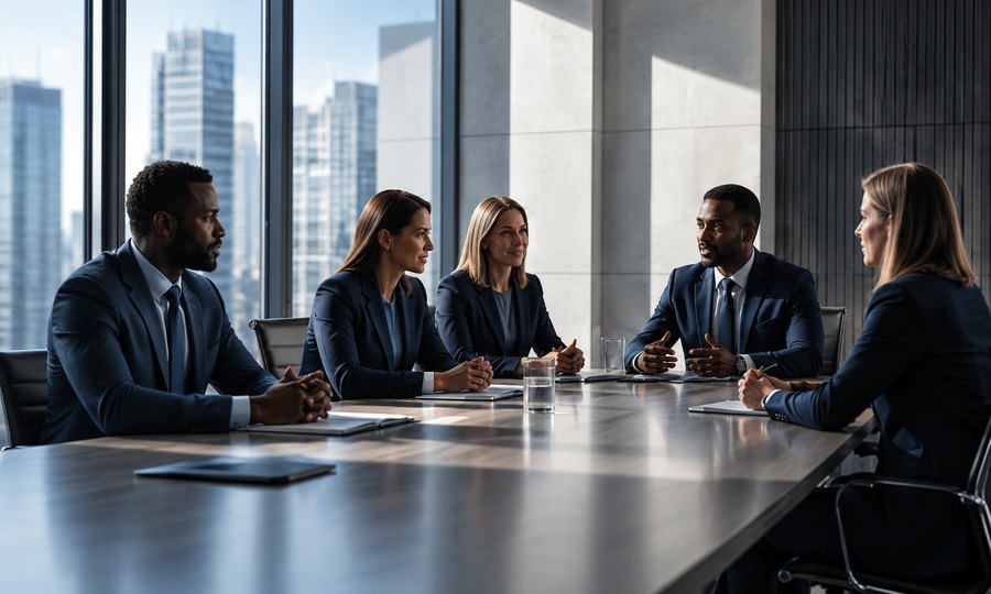 Board members in discussion around a boardroom table