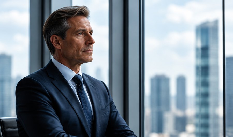 Senior executive seated by a window overlooking a city skyline