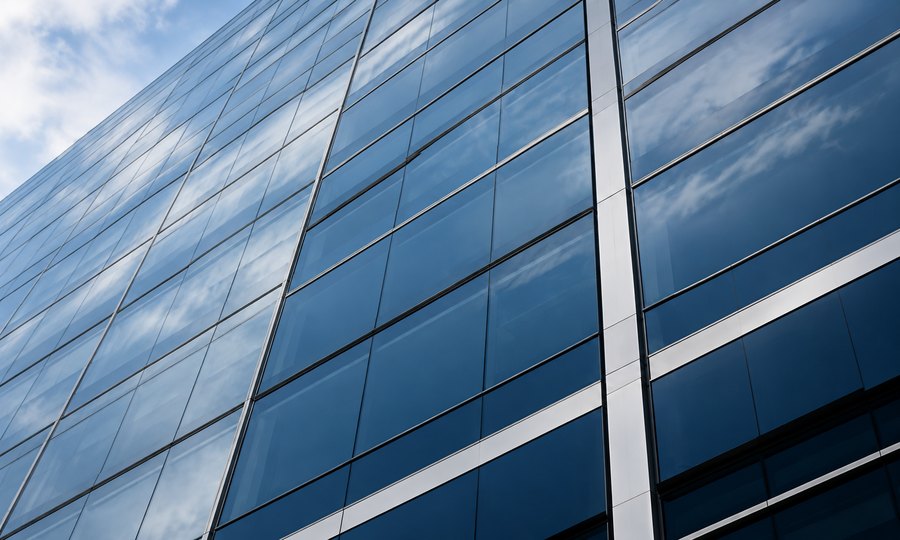 Glass office tower facade reflecting sky and clouds