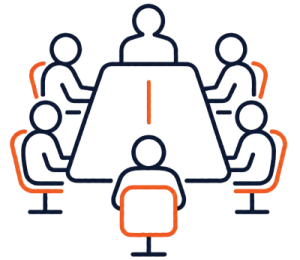 Outline icon of people seated around a boardroom table