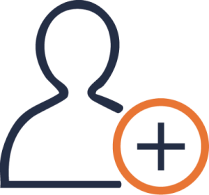 Outline person icon with an orange plus circle