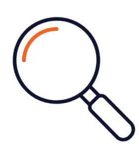 Outline magnifying glass icon in navy with an orange accent
