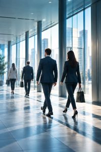 Business professionals walking through a modern glass office lobby