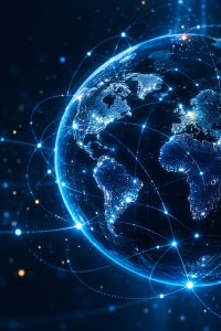 Digital globe with glowing network connections representing global reach